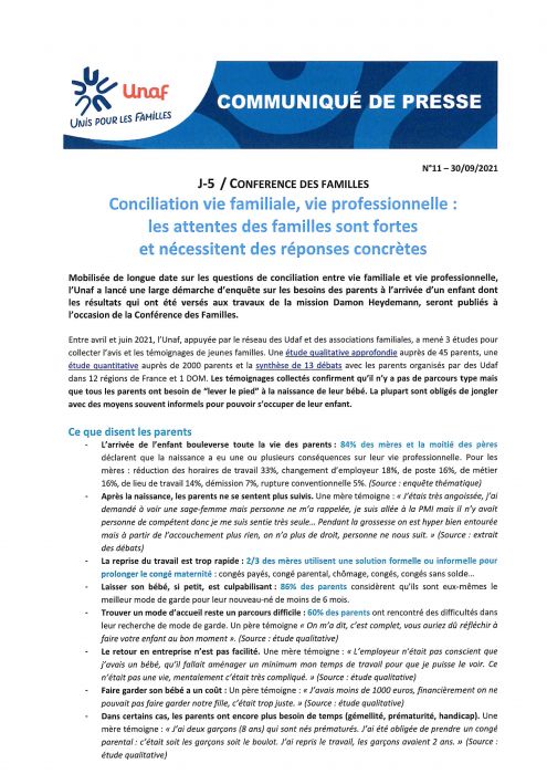 Communiqué de presse de l'UNAF : Conciliation vie familiale, vie professionnelle : les attentes des familles sont fortes
